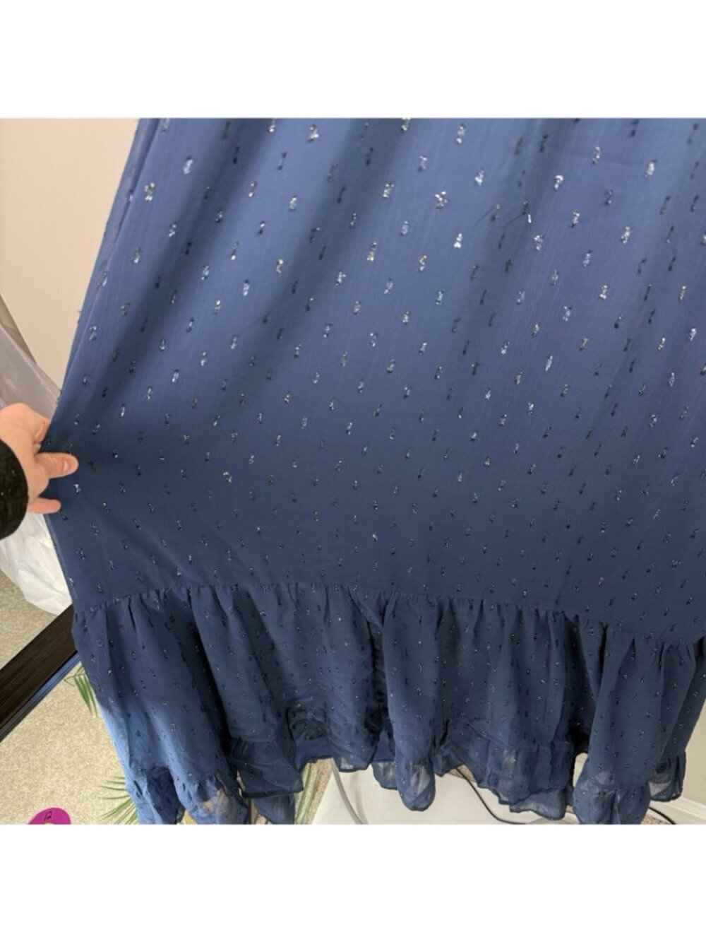 Petal + Pup Navy Glitter Ruffle Maxi Dress Deep V Lace Up Back Gala Sz L - Picture 5 of 12